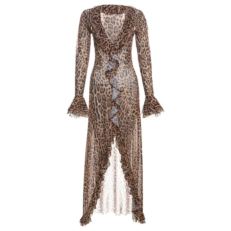 2024 Autumn new sexy deep V slim leopard print slit temperament dress for women