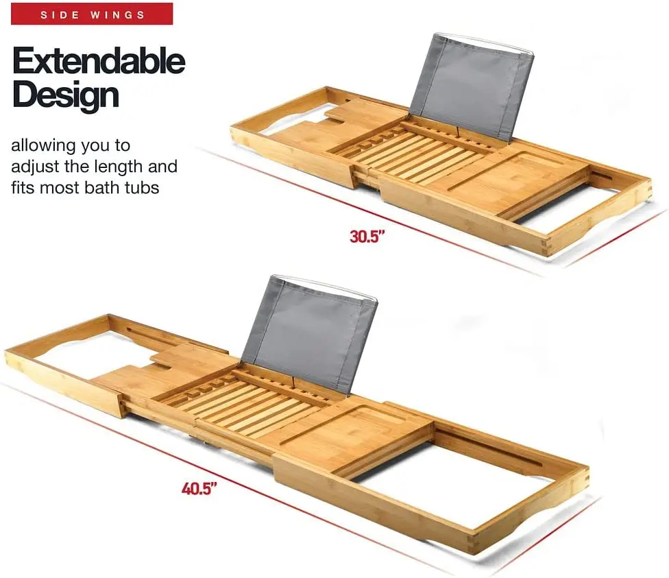 wholesale Adjustable Luxury Bamboo Wooden Bathroom Bath Tub Caddy Tray Bathtub Board Rack And Caddy With Extend Side