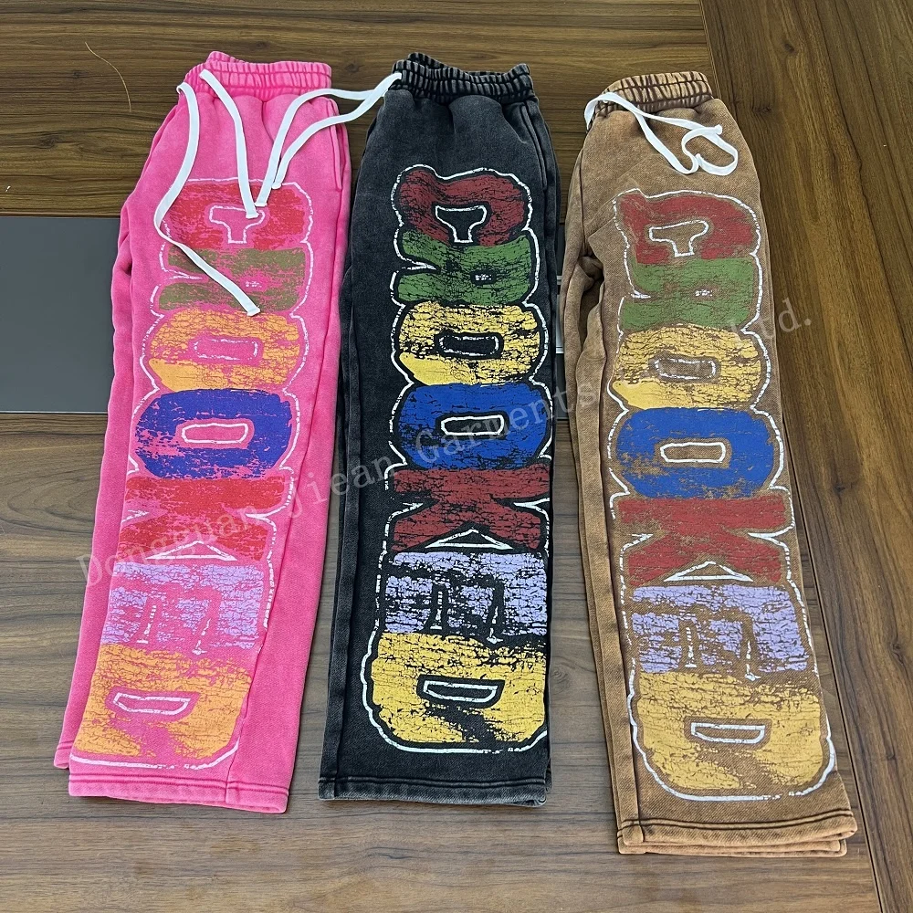 Custom Drawstring Waist Loose Wide Leg Stacked Joggers Flare Sweat Pants Print Acid Wash Sweatpants For Men