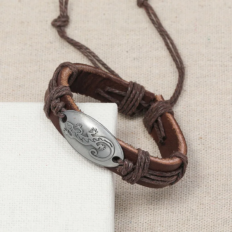 Alloy Rope Man Women Make Leather Wrap Wristband Handwoven Cowhide Bracelet Simple Multi-layer Gecko Pattern