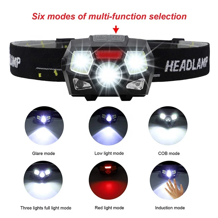 White/Red LEDs  Sensor Switch USB Rechargeable Induction Headlamp
