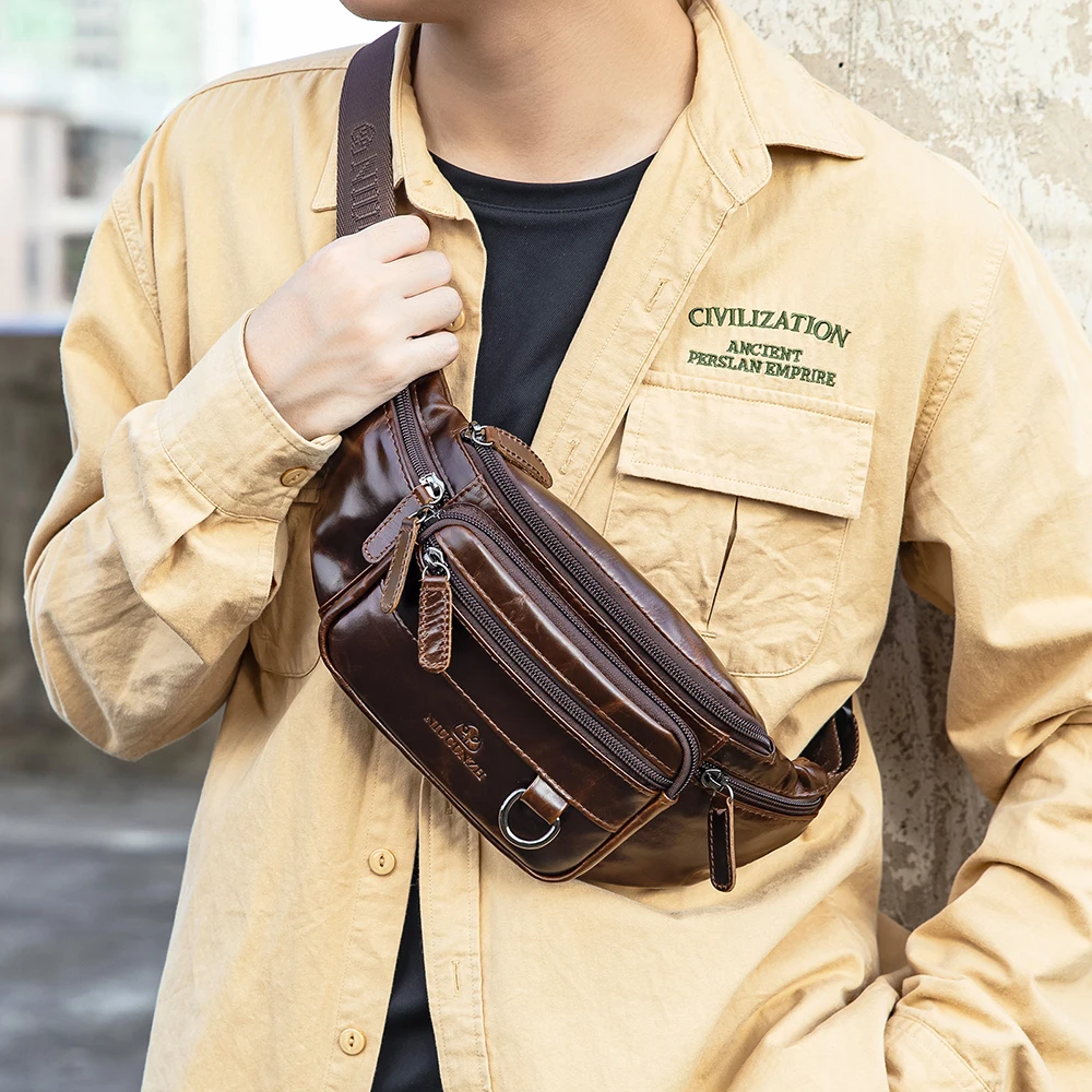 NIUCUNZH Male Zipper Pocket Shoulder Bag Genuine Leather Fanny Pack Crossbody Leather Waist Bag Leather Chest Sling Bag for Men