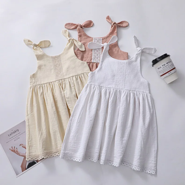 Summer Little Girl Dress Linen Dress for Kids Girl Sleeveless Soft Cotton Fabric White Children Mini BAGE Taffeta Floral Girls