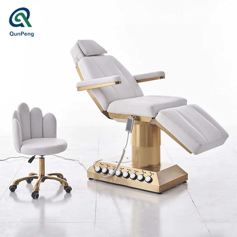 Qunpeng 2014 latest design electrical massage table gold base with light spa lash bed electric with 3 motors
