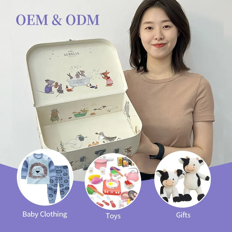 New Design Handmade Paper Cardboard Suitcase Gift Box with Handle Toy Clothes Packaging Baby Gift Box