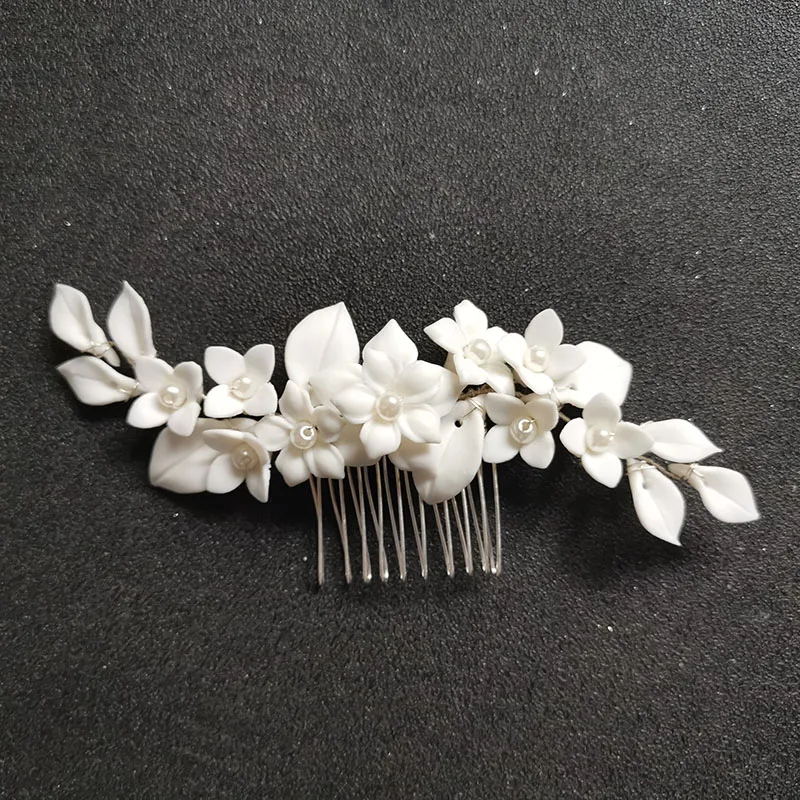 SLBRIDAL Handmade Rhinestones Pearls Ceramic Flower Leaf Bridal Hair Comb Wedding Headpieces Hair accessories Women Jewelry