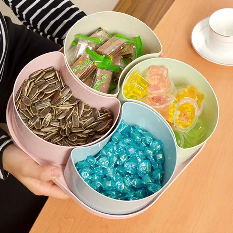 Colourful Flower Shape Food Grade Wheat Straw Plastic Food Container Box Nuts Dried Fruit Plate Snaker Candy Tray With Lid