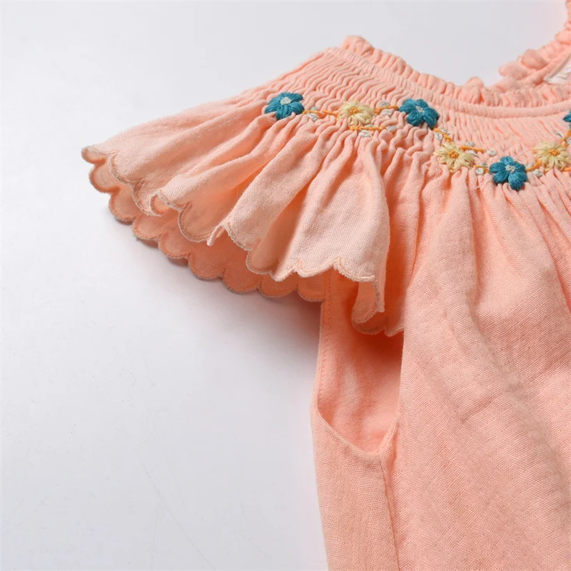 Custom Summer Cotton Floral Princess Dress for Baby Girls Handmade Embroidered Smocked Flying Short Sleeve Sweet Kids Clothing