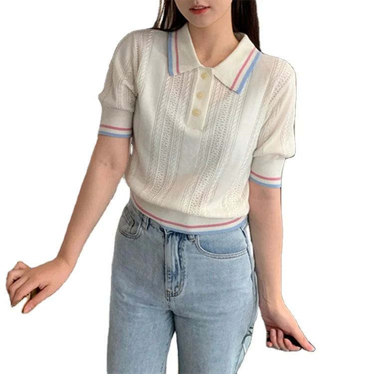 Spring and summer New ladies half sleeves polo neck knitwear tops Striped hollow short sleeved knitted sweater