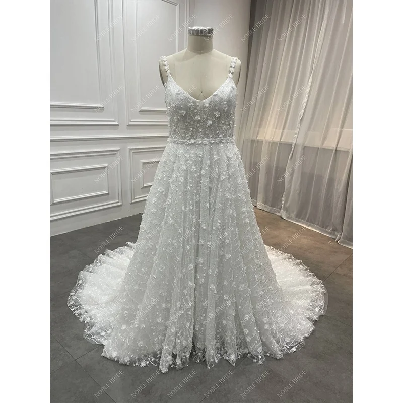 Women Luxury 3D Flower Beaded A-Line Sheer Bodice Wedding Dress African Custom Bridal Plus Size French Lace Tulle Gown Princess