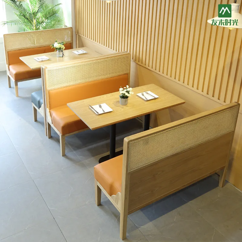 Nordic Rattan Leather Restaurant Booth Seating High Back Customized Commercial Cafe Dining Chair Sofa