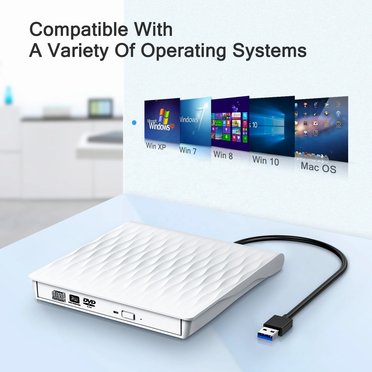  External DVD Drive USB 3.0 Portable CD/DVD +/-RW Slim ROM Rewriter Burner Laptop Desktop PC Optical 