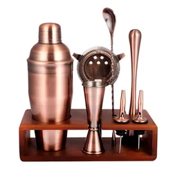 Professional Barware Tools Wooden Stand Brass Copper Bar Accessories Stainless Steel Bartender Kit Jigger Cocktail Shaker Set