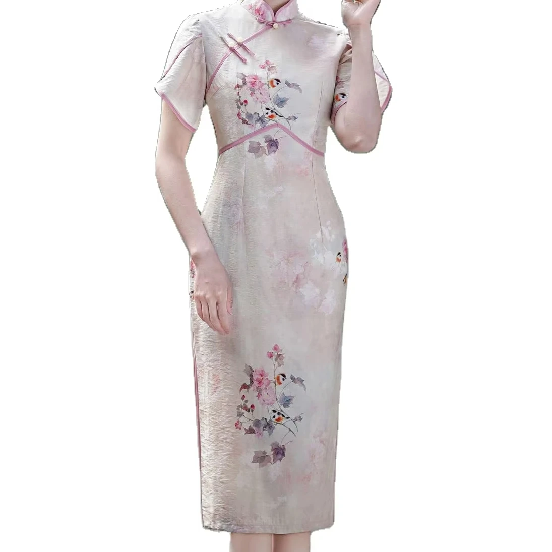 Modern Elegant Flattering Puff Sleeve Mid-Length Daily Modified Cheongsam Fashionable Beautiful for Adults