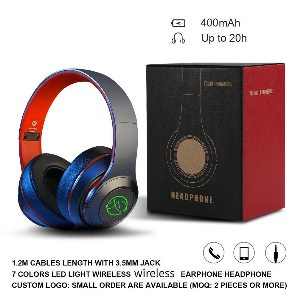 BH10 OEM LED stereo wireless bluetooth 5.0 super bass ANC HIFI sound headphone with active noise cancelling headphones bluetooth