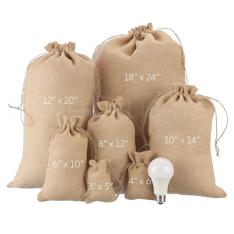 Multi Sizes Reusable Natural Jute Burlap Drawstring Christmas Gift Sacks Dry Fruit Storage Bags