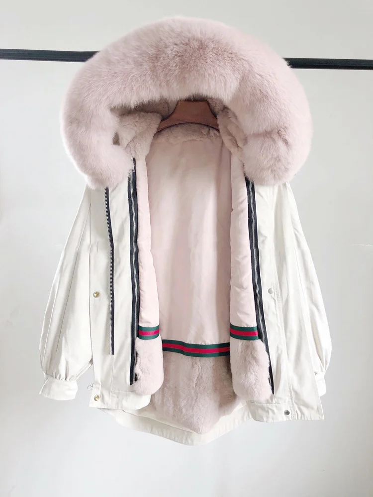 Wholesale Warm Winter Fox Fur Hood Parka Woman Black Parka With Real Rex Rabbit Fur Lined