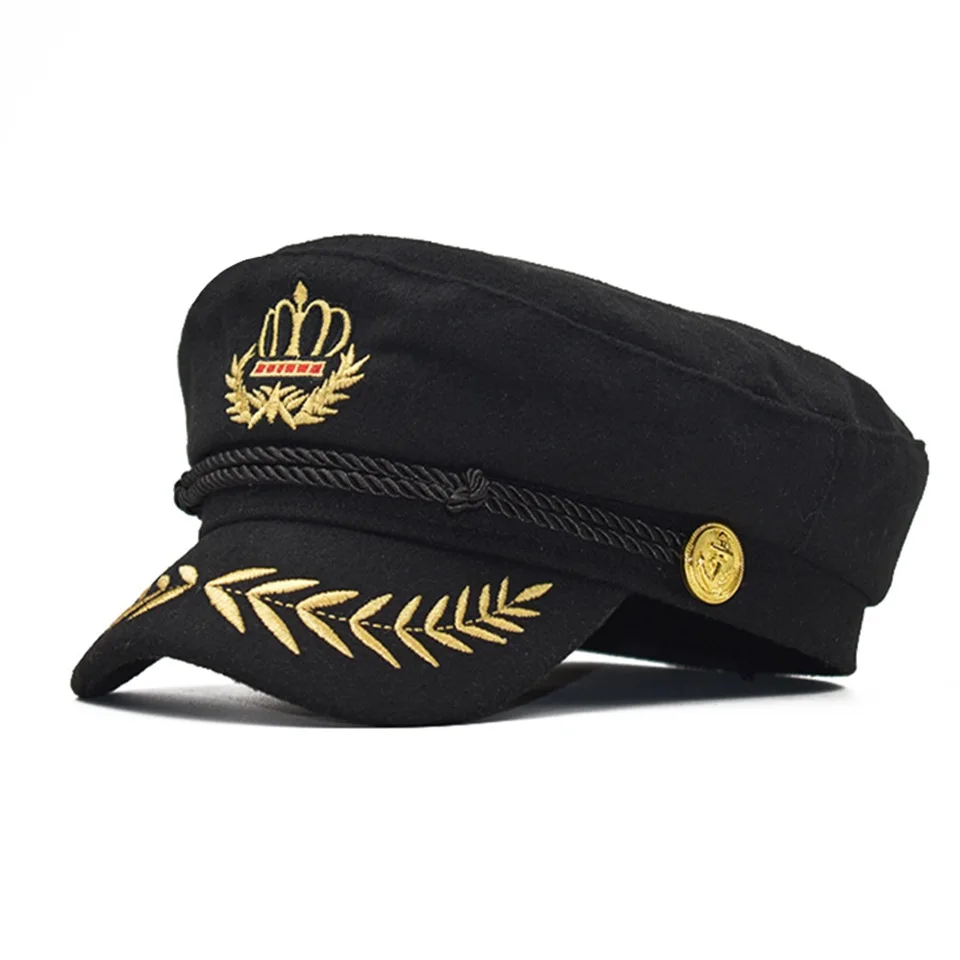 Unisex Imperial Crown Gold Thread Embroidered Dance Performance Five Pointed Star Flat Top Hat Wholesale Beret Hat