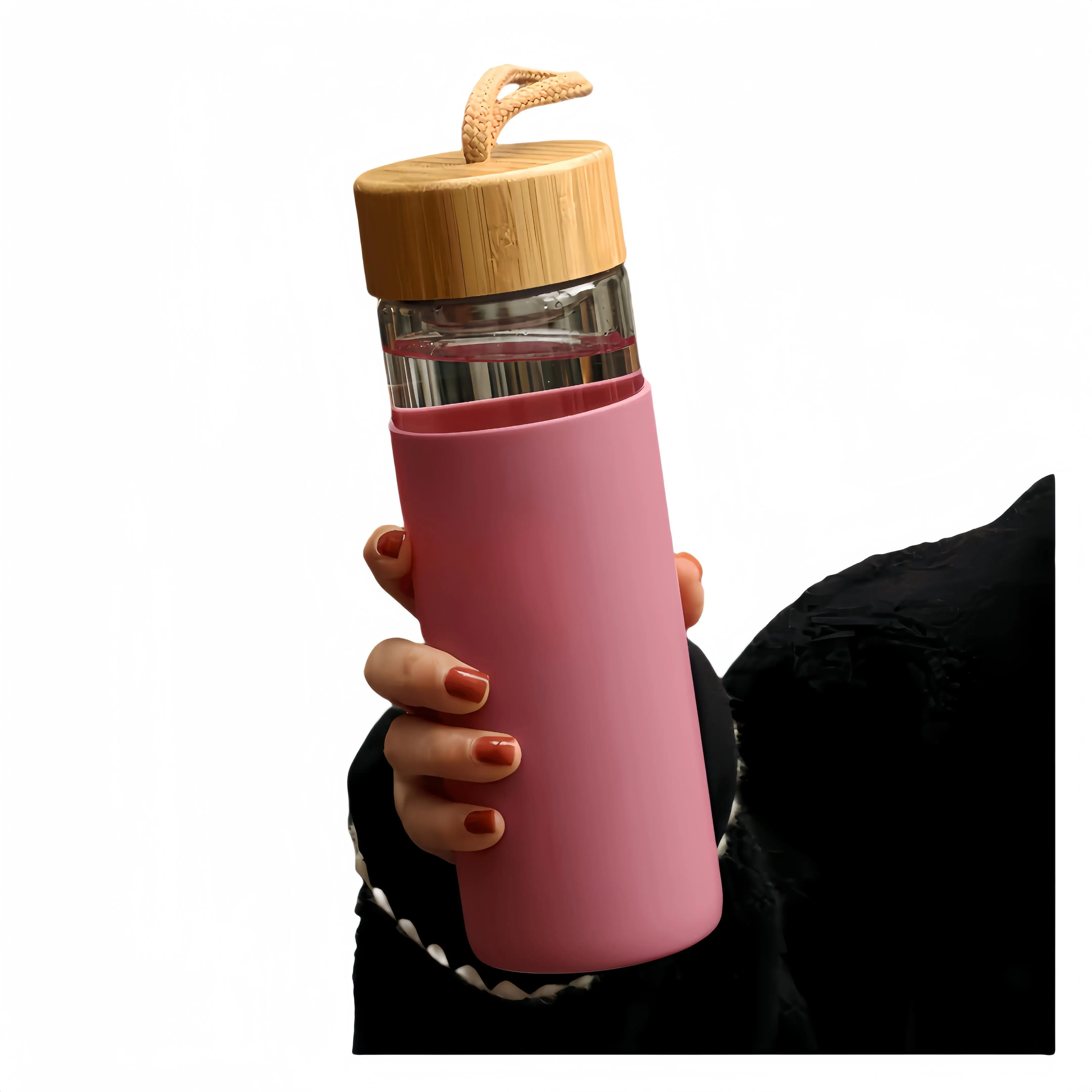 20 Oz Borosilicate Glass Water Bottle with Bamboo Lid and Silicone Sleeve glass gym bottle