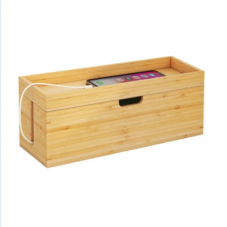 Bamboo Cable Management Power Cord Storage Box Cord Organizer Phone Charging Station