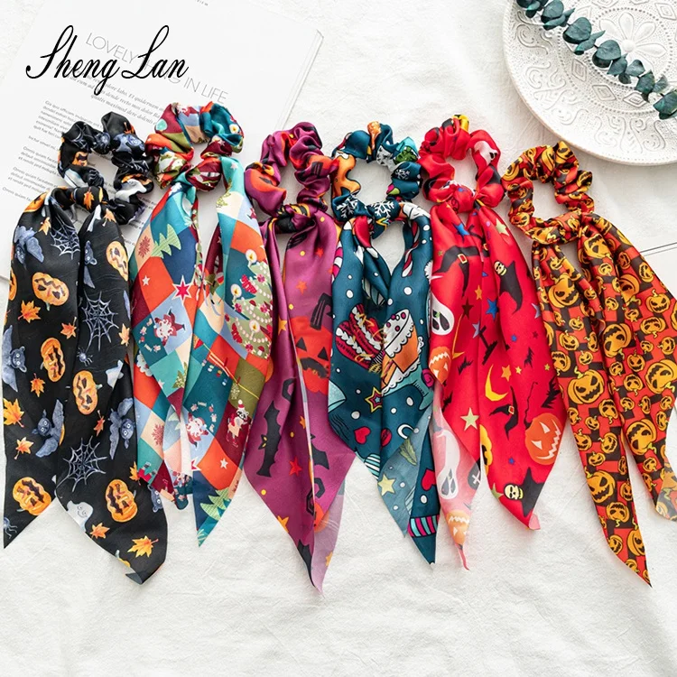 Shenglan 2020 New Arrival Halloween Silk Hair scrunchies with Scarf Pumpkin Printing Streamer Hair Tie Holder Oversized Hair Tie
