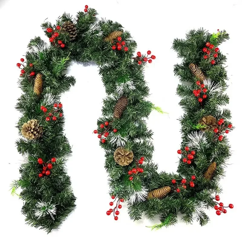 2.7M DIY Christmas Garland Outdoor Artificial Pine Garland Thick Battery Powered 2 Lighting Modes Christmas Red Berry Garland