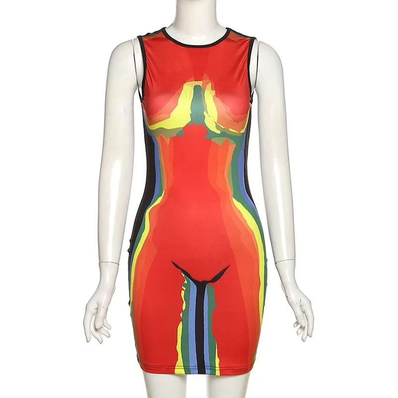 Новое поступление 2022, летняя модная одежда для вечеринок и клубов, облегающее мини-платье без рукавов с принтом, сексуальная женская одежда