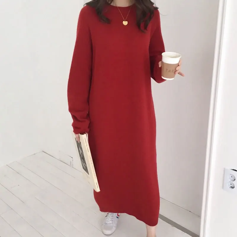 Hot sale korean fashion lady winter thick warm cashmere casual dresses women knit pullover maxi angora long sweater dress