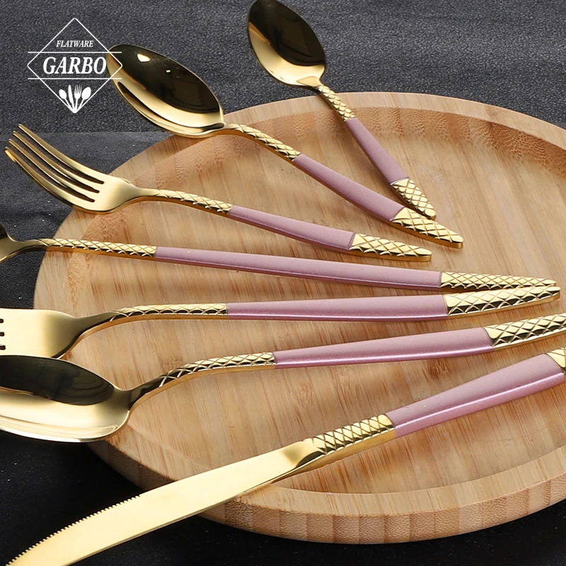 Set of 7pcs including table and dessert fork knife spoon set gold color stainless steel flatware set with blue painting handle