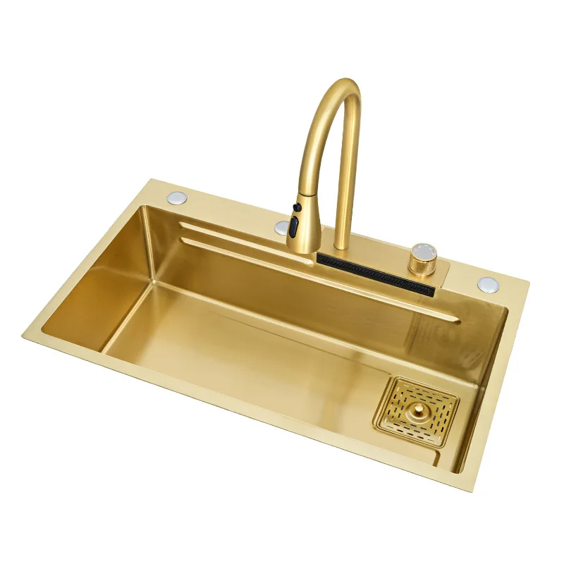 80 * 45cm gold 304 stainless steel kitchen accessories Feiyu waterfall sink large single slot dining table under the table