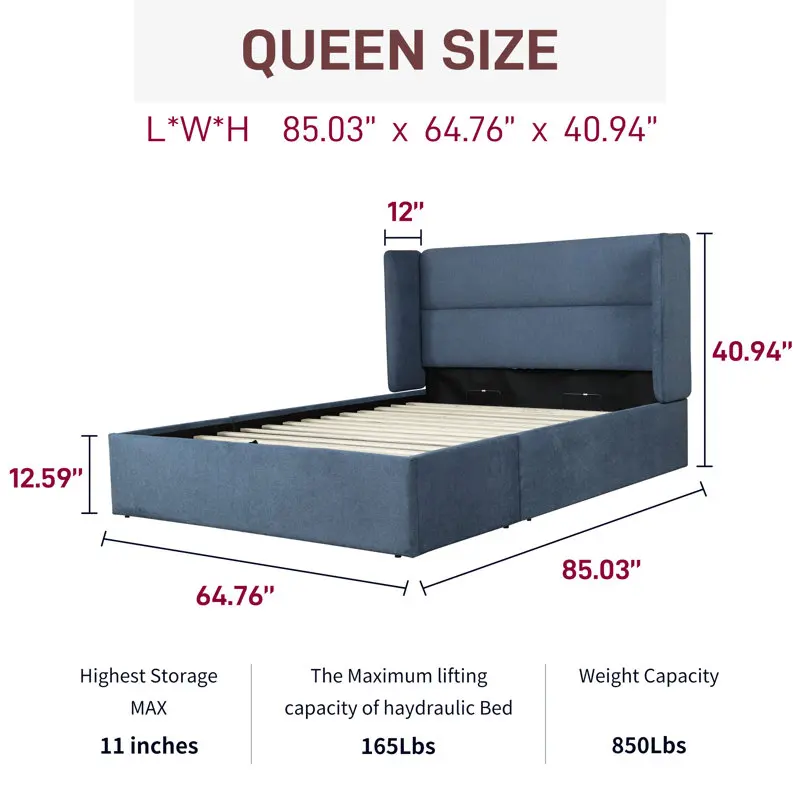 Kainice assembly wood slat bed base and headboard for bed wingback gas lift up hydraulic king blue bed frame