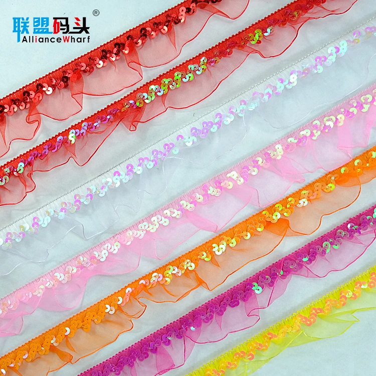 2020 New Arrive Black Stretch Ribbon Nylon Shining Sequins Lace Edge Elastic Band Trim