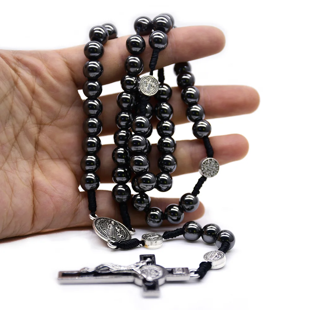 Wholesale Rosary Rope Knotted 8mm beads Catholic Necklace Hematite Beaded Necklace Rosaries for Blessing Church Items
