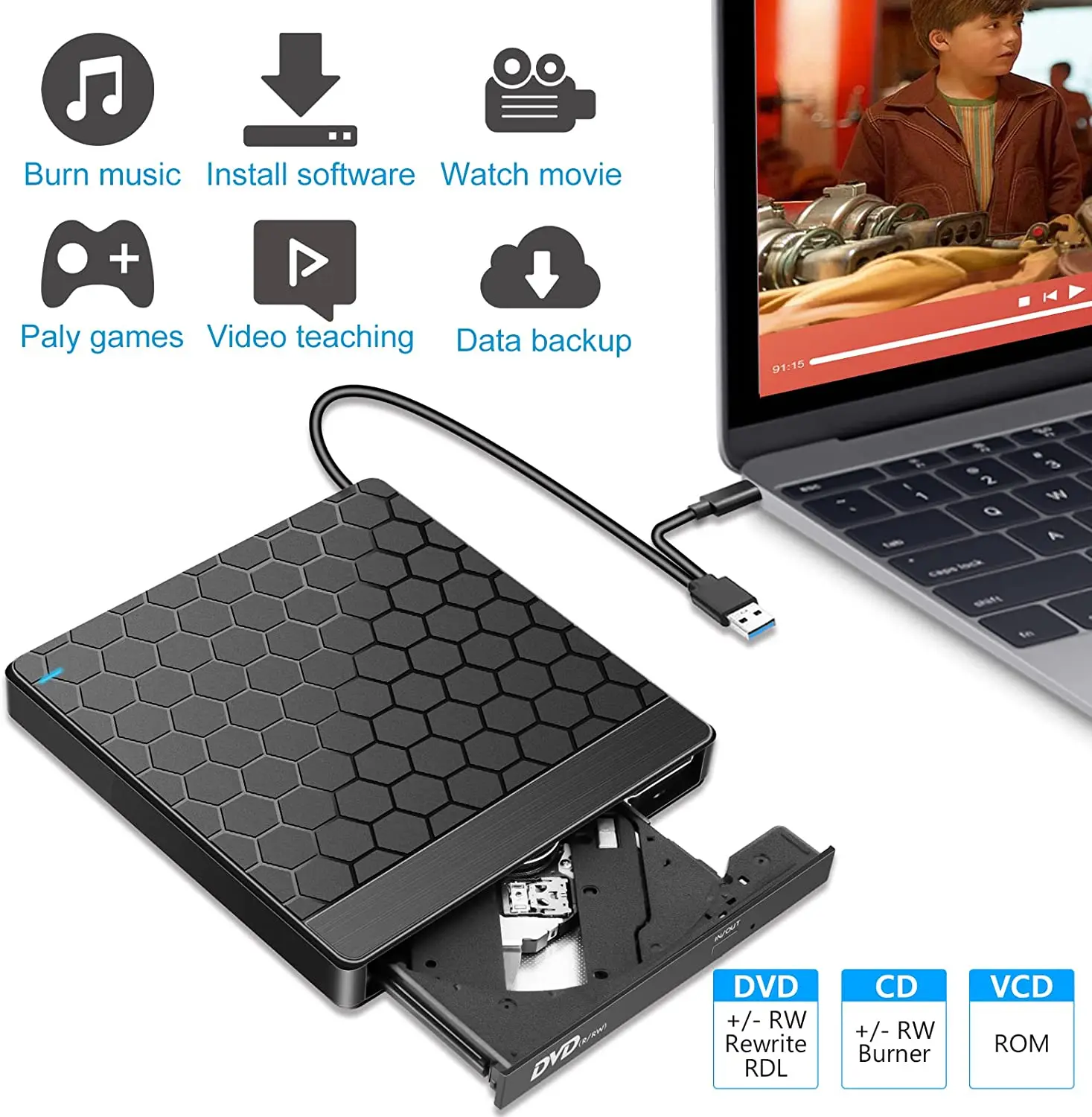 New CD Burner USB 3.0 with 4 USB Ports and 2 TF/SD Card Slots for Laptop Mac PC Windows 11/10 Linux OS usb external dvd rw drive