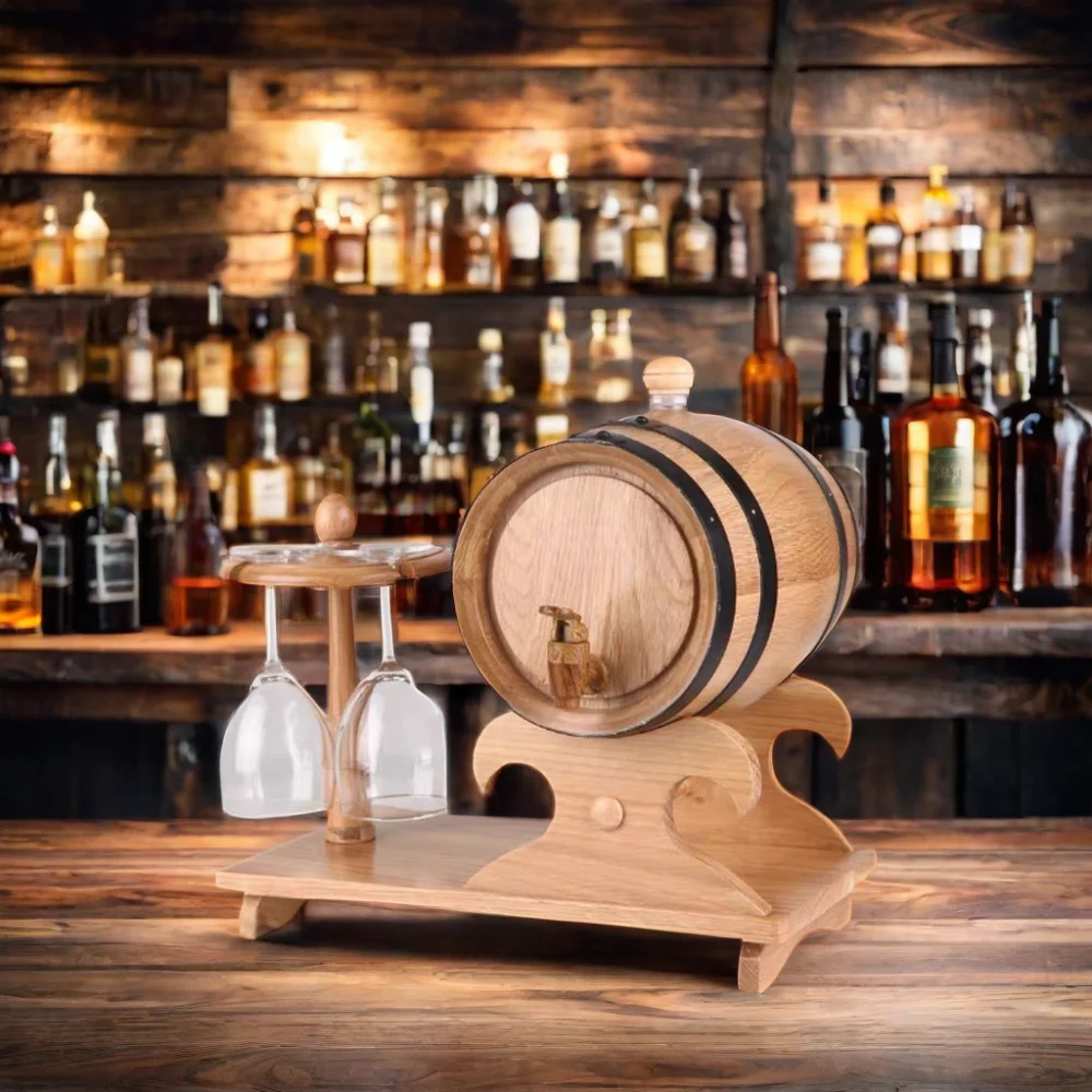 New Design Solid Wooden Wine Barrel Handcrafted Vintage Whiskey and Wine Storage Barrel with Glass Holder for Gifts