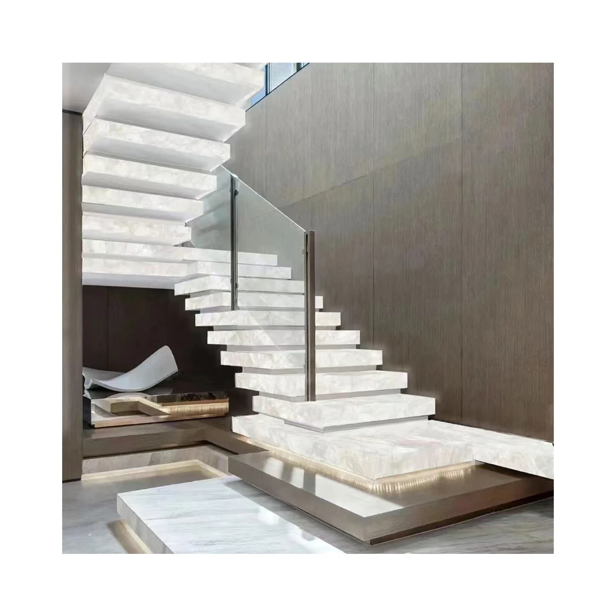 Luxury Mabrle White Crystal Quartz Backlit Translucent Stone Floating Stairs