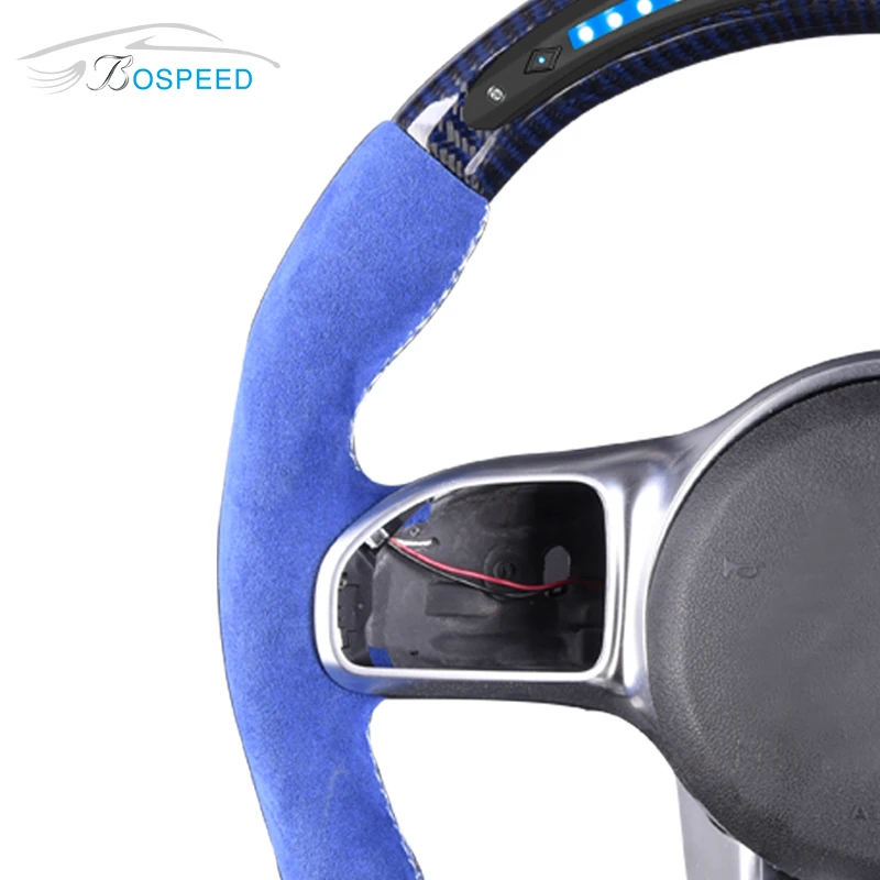 LED Black Carbon Fiber Steering Wheel for Mercedes Benz AMG with Blue Suede Leather C E S Class