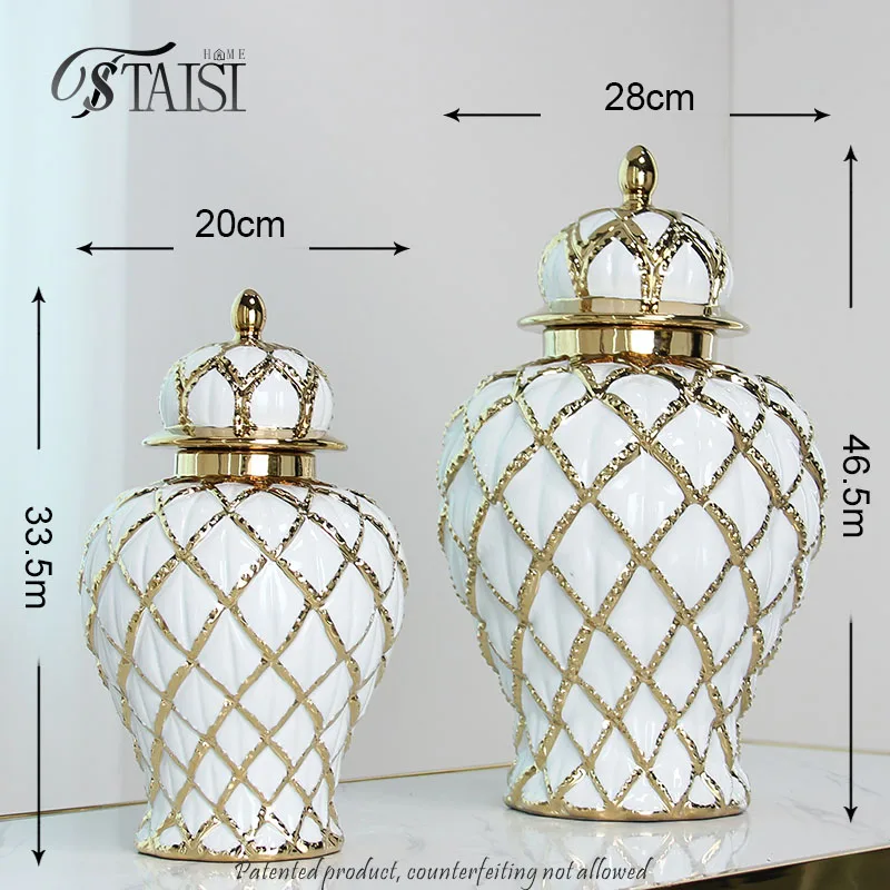 J286GA White and gold cross line ceramic vase gild luxury tabletop decoration textured ginger jar for home decor