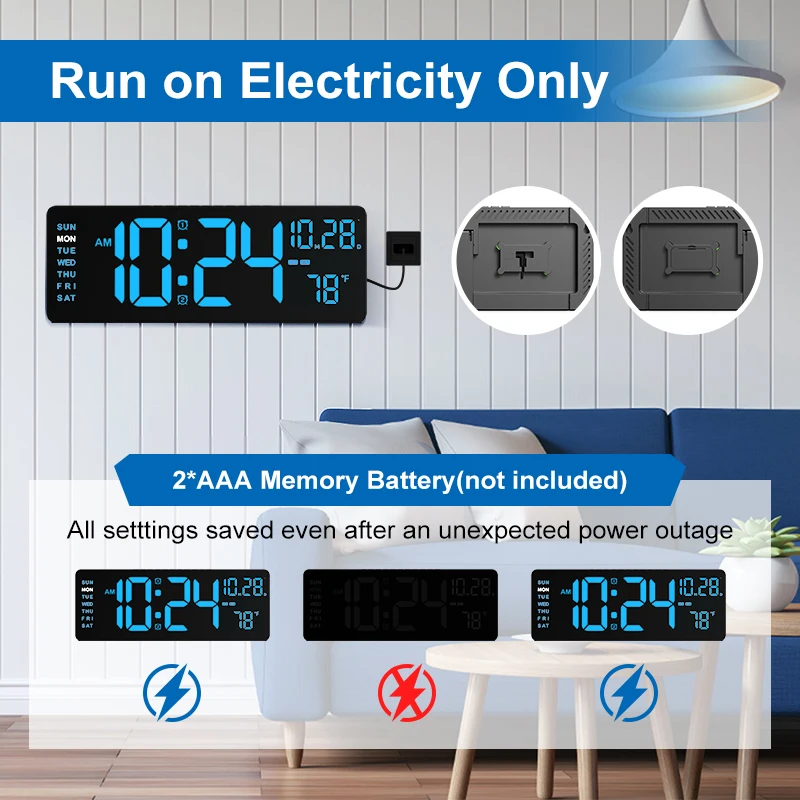 Large Wall Electrical Clock Calendar Day Digital Green Lede Wall Clock Temperature with Remote Control Alarm Clock