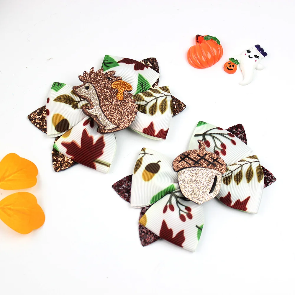 Fall Glitter Hair Bows Clip Kids Toddler Thanksgiving Halloween Holiday Maple Bow For Girls Kids Turkey Hair Accessories