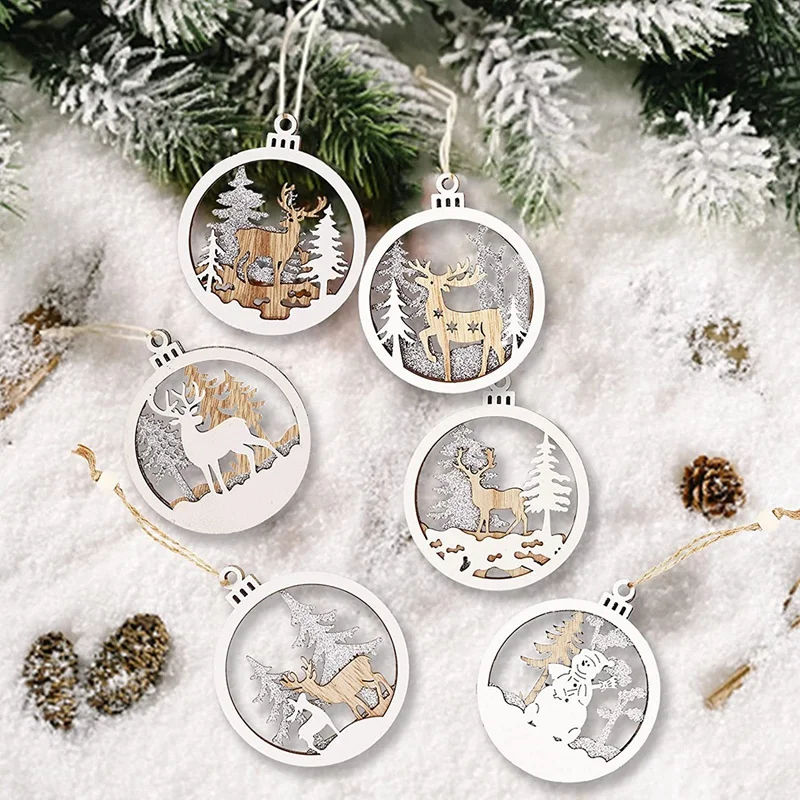 10cm 3 Layer Carving Wooden Hanging Crafts  Gift Tags Hanging Ornaments Set for Christmas Tree Decorations