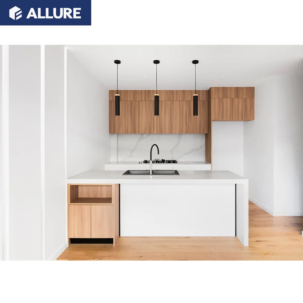 Allure Saudi Arabia Cad Drawings Automatic Marble Top Glossy Glass Wall Kitchen Cabinet with Wooden Material