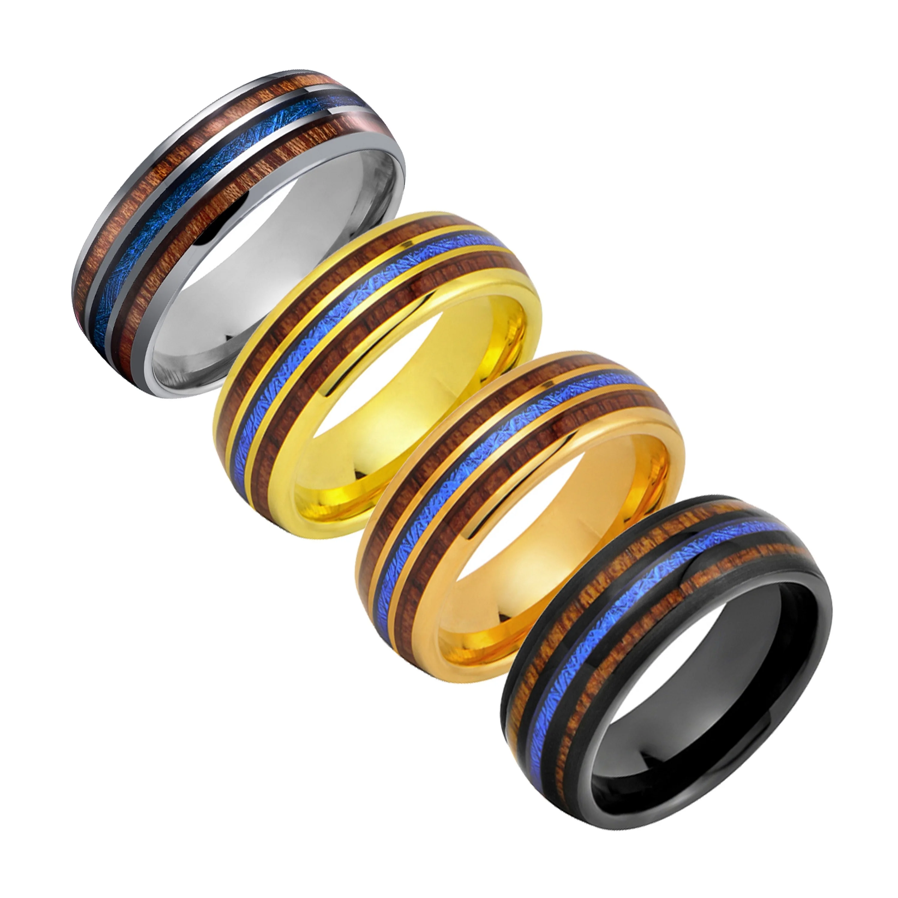Hawaiian Custom Wood and Blue Meteorite Inlay Tungsten Rings