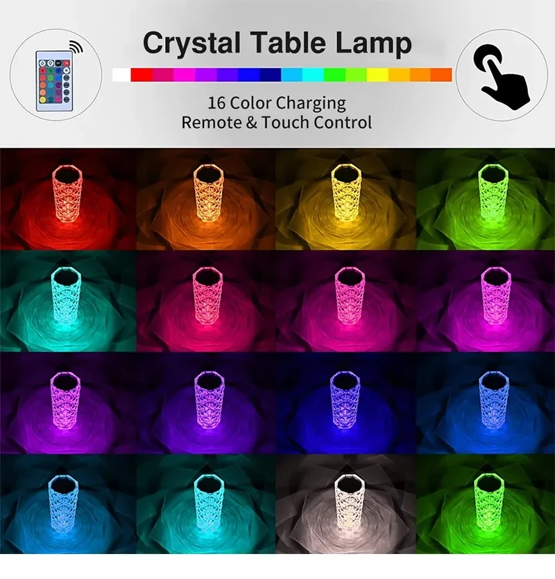 16 Color RGB Remote Control Crystal Rose Lamp Acrylic Crystal Desk Lamp Led Rechargeable Touch Table Lamp Decorative Night Light