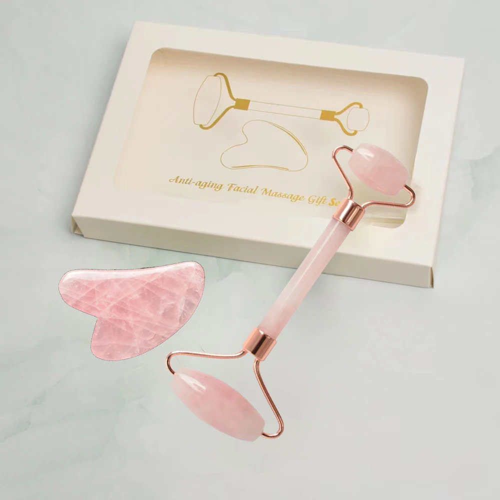 DIY New Product Anti-Aging gua sha facial tool Natural Jade guasha Stone Rose Pink Quartz Facial Jade Roller for Face