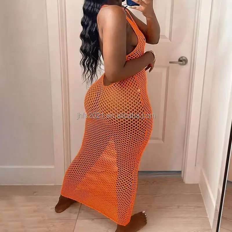 J&H fashion New Solid Color Fish Net See-through Sleeveless Scoop Back Beach Outfit Swimsuit Cover Ups Mesh Dress Summer Clothes