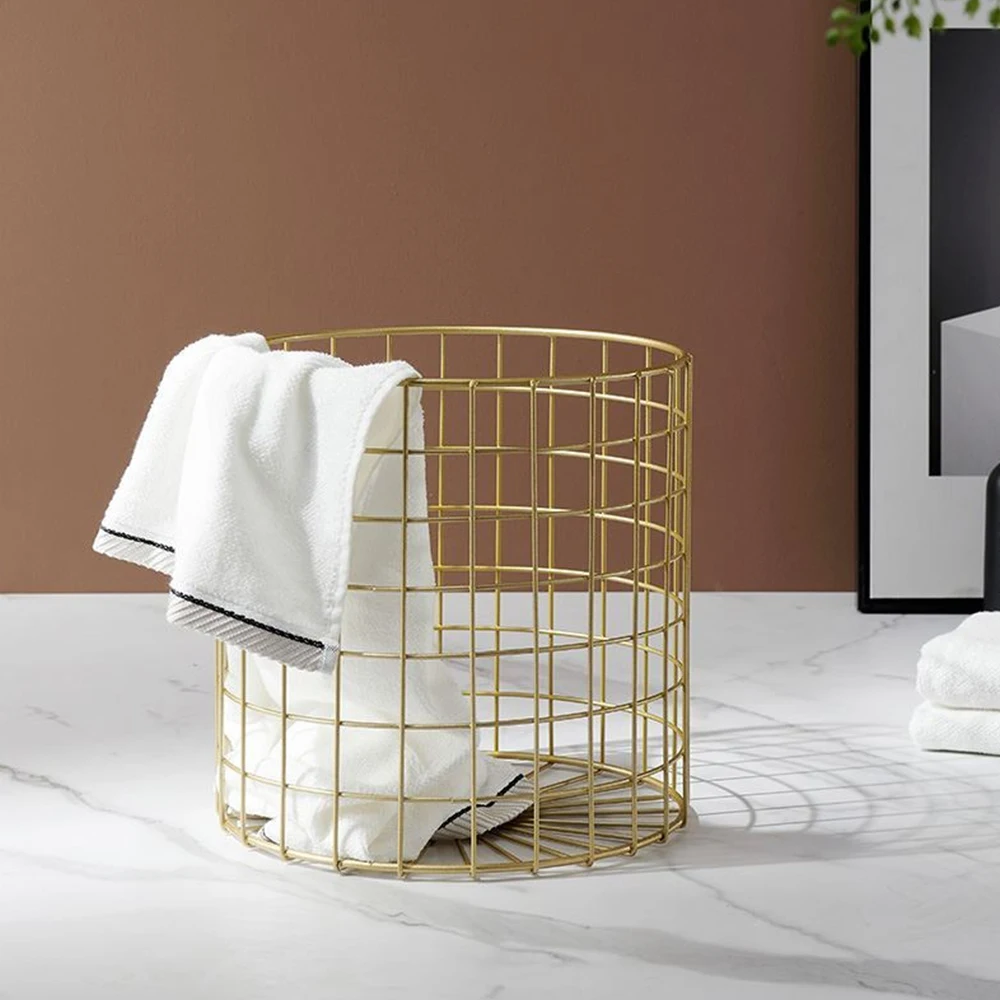 Metal Laundry Basket Mesh Design Luxury Gold Iron Household Hotel Bathroom Storage Dirty Clothes Basket