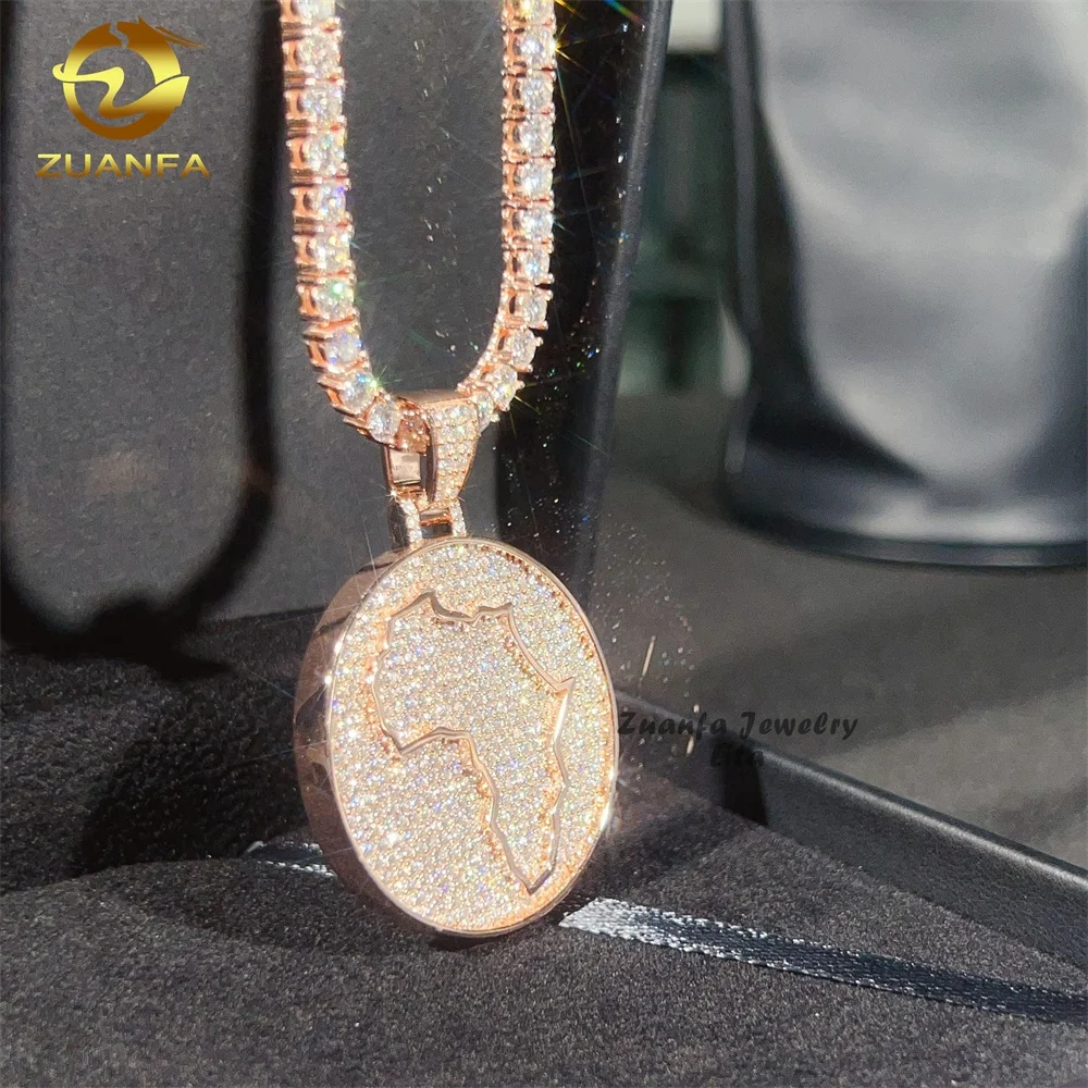 Hip Hop Jewelry Round Plate Custom Africa Map 925 Silver Men Diamond VVS Moissanite Pendant