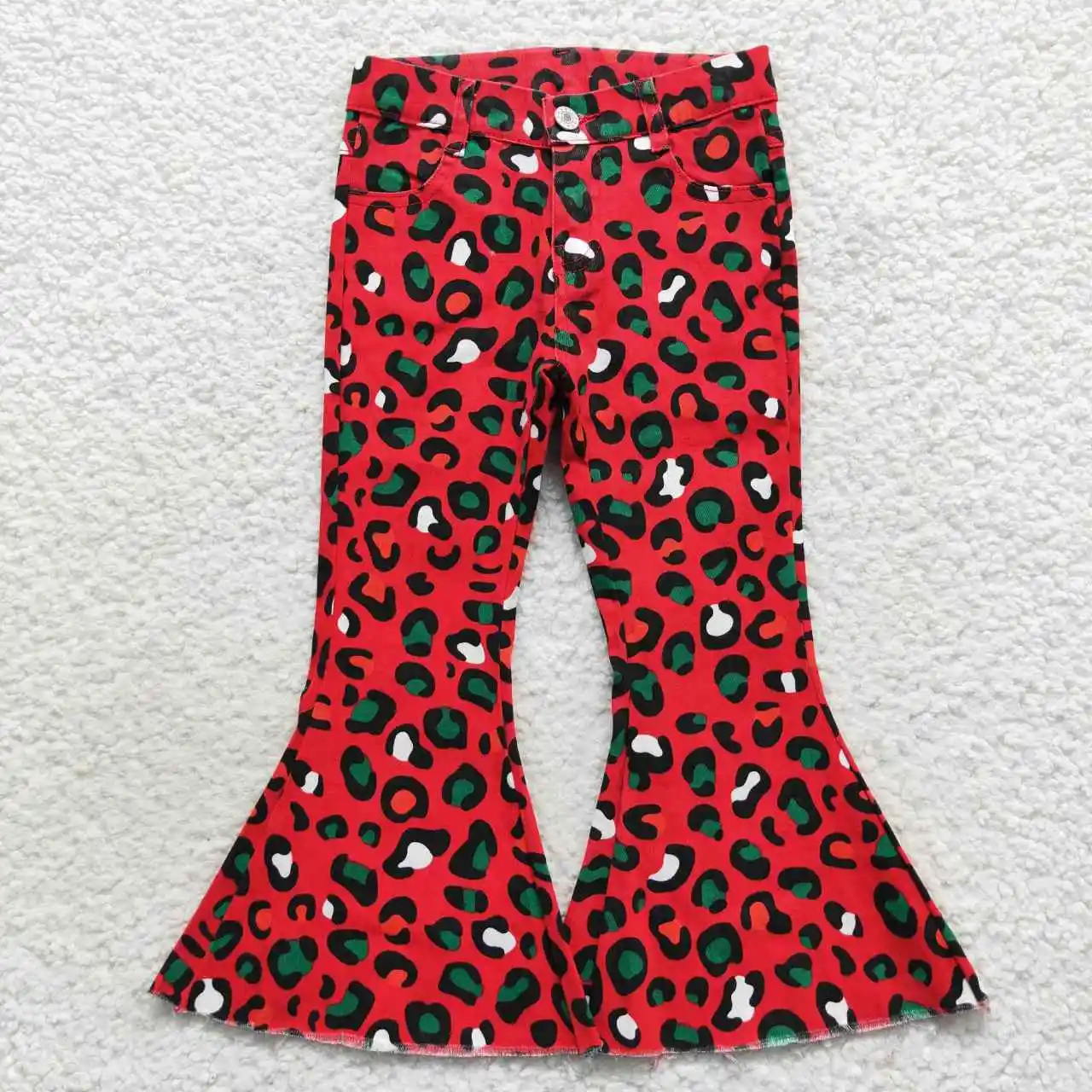 Lower price Christmas flare jeans girls clothes cartoon green buttons Elastic adjustable denim pants kids boutique RTS OEM cloth