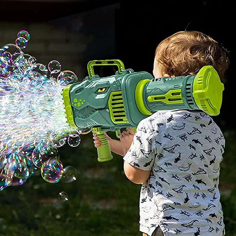 Oem Odm Burbujas De Jabon Baratas Cute Dinosaur Bubble Machine 32 Holes Bazooka Electric Bubble Gun